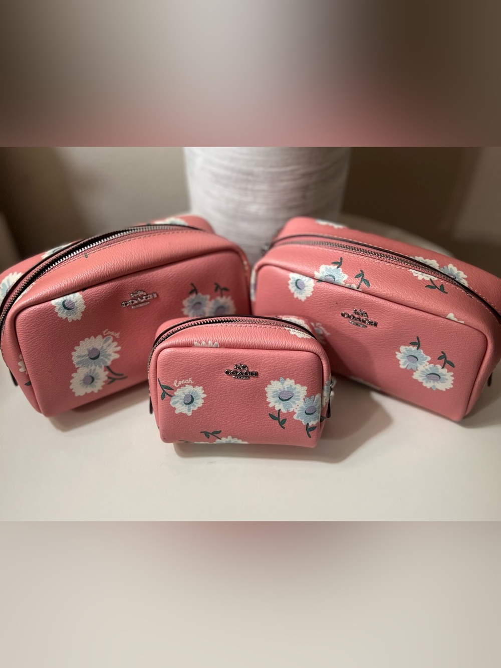 Coach Pink Floral Leather Cosmetic Pouch set of three